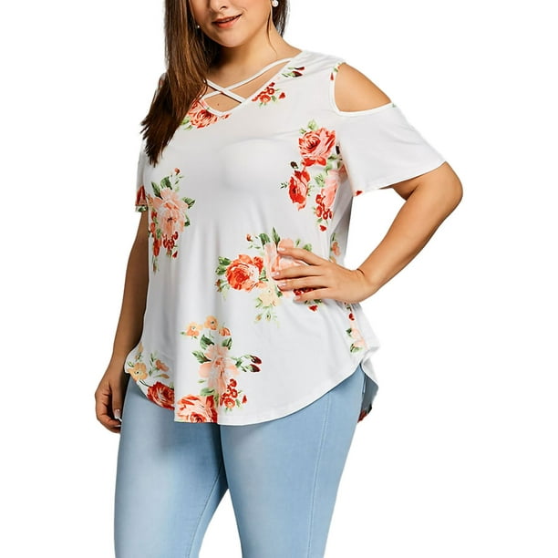 Women's Off Shoulder Floral Top Ladies Summer Loose T-Shirt Blouse Plus Size Tee 